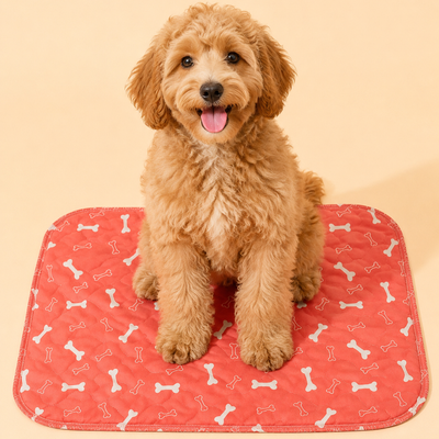 Chiot assis sur le Tapis Truffie corail
